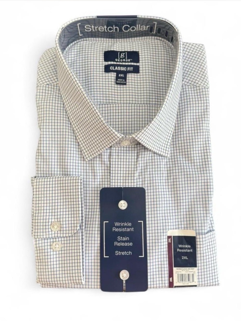 George Mens 2XL 50-52 Blue White Check Long Sleeve Dress Shirt Wrinkle Resistant - Picture 3 of 12